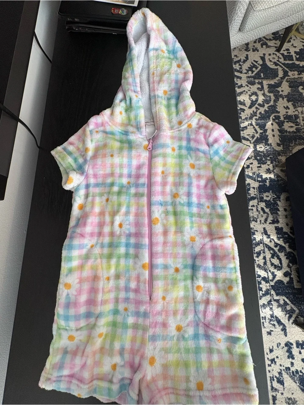 Toddler Girls' Pastel Plaid Hooded Short-Sleeve Pajama Romper - Pink Multi